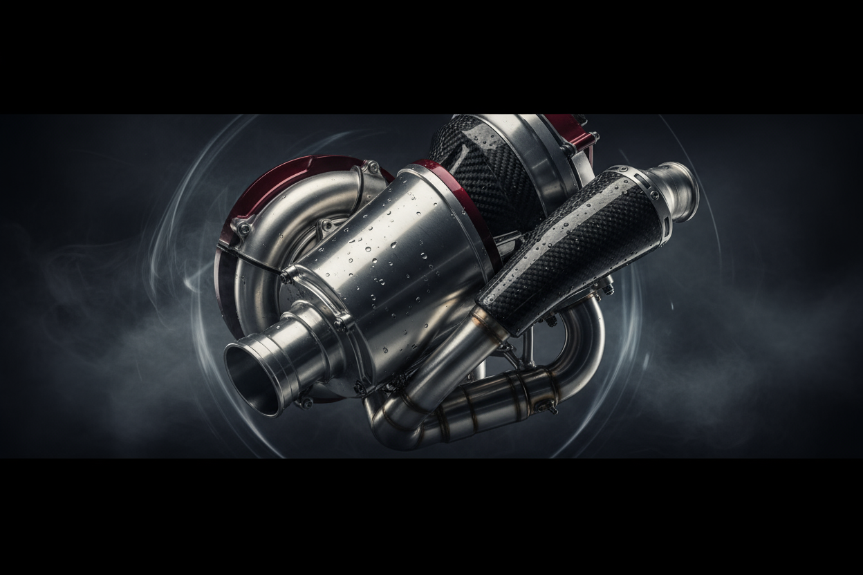 Close-up of high-performance motorcycle part under moody studio lighting — metallic reflections, smoke background, speed aesthetic, black and red accents, cinematic composition, 16:9, hyper-realistic detail
