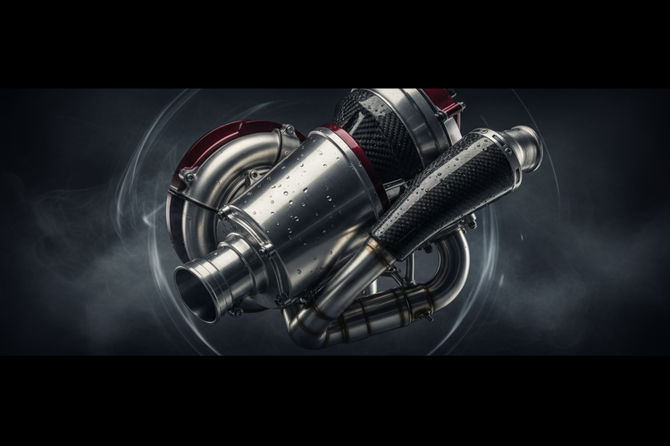 Close-up of high-performance motorcycle part under moody studio lighting — metallic reflections, smoke background, speed aesthetic, black and red accents, cinematic composition, 16:9, hyper-realistic detail
