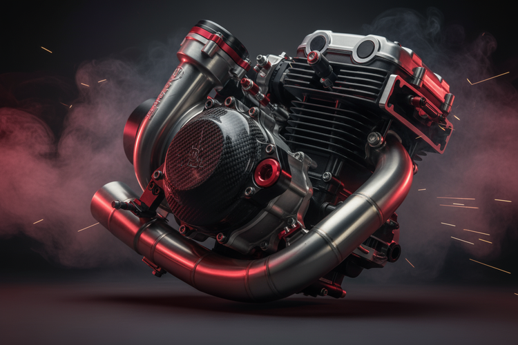 Close-up of high-performance motorcycle part under moody studio lighting — metallic reflections, smoke background, speed aesthetic, black and red accents, cinematic composition, 16:9, hyper-realistic detail
