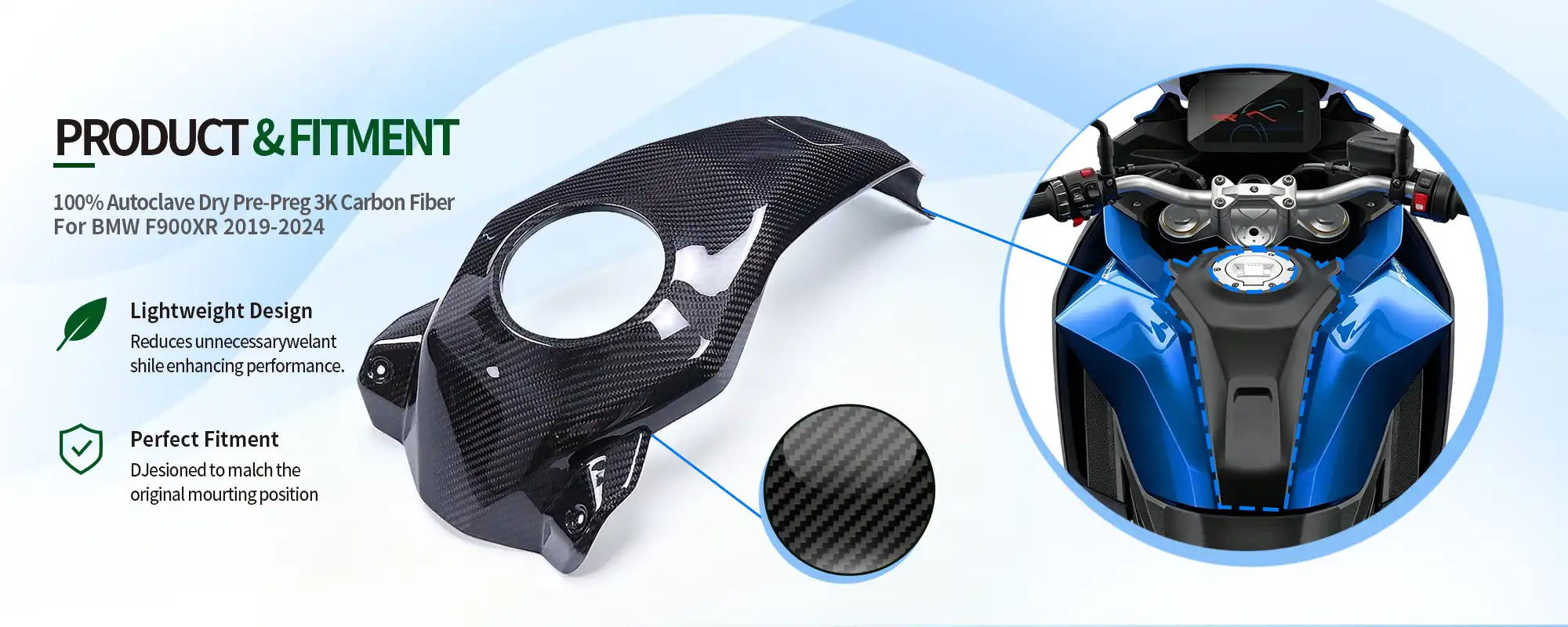 Carbon Fiber Front Center Fuel Tank Cover for BMW F900XR 2019-2024 - 2x2 Twill Glossy