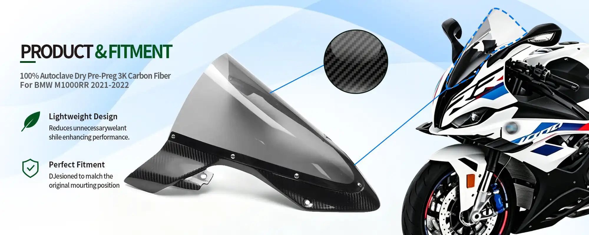 Carbon Fiber Front Windshield for BMW M1000RR 2021-2022, 2x2 Twill Weave (Glossy)