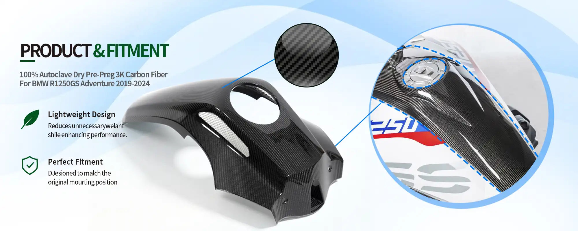 Carbon Fiber Tank Center Panel for BMW R1250GS Adventure 2019-2024 - 2x2 Twill Glossy