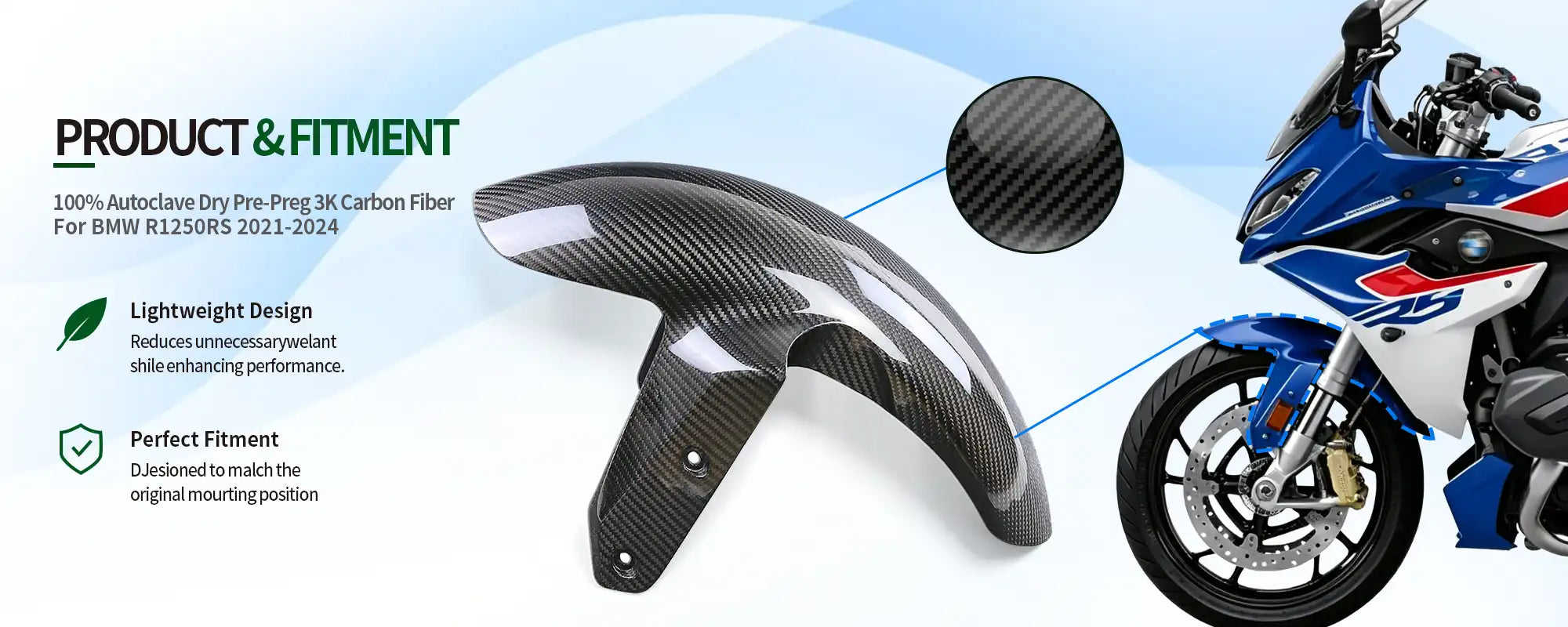Carbon Fiber Front Fender for BMW R1250RS 2021-2024, 2x2 Twill Weave (Glossy)