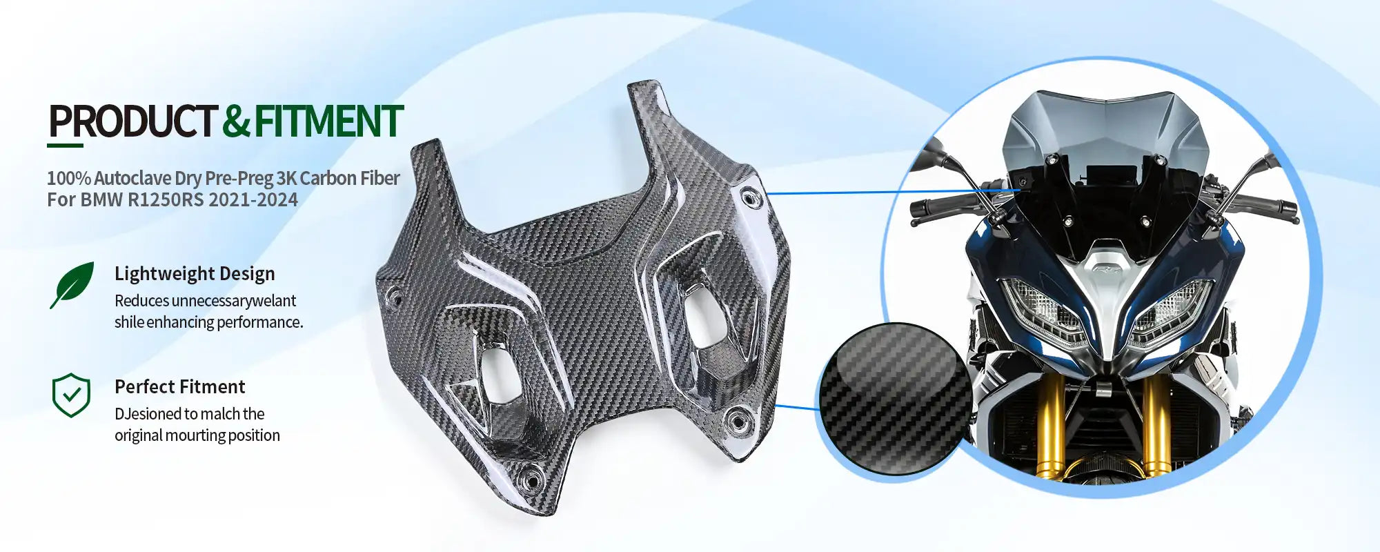 Carbon Fiber Windshield Bracket for BMW R1250RS 2021-2024, 2x2 Twill Weave (Glossy)