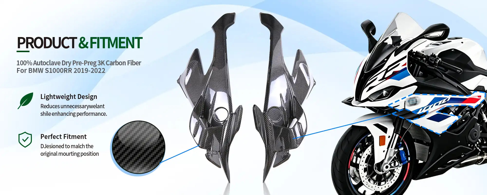 Carbon Fiber Fairing Side Panel (Pair) for BMW S1000RR 2019-2022, 2x2 Twill Weave (Glossy)