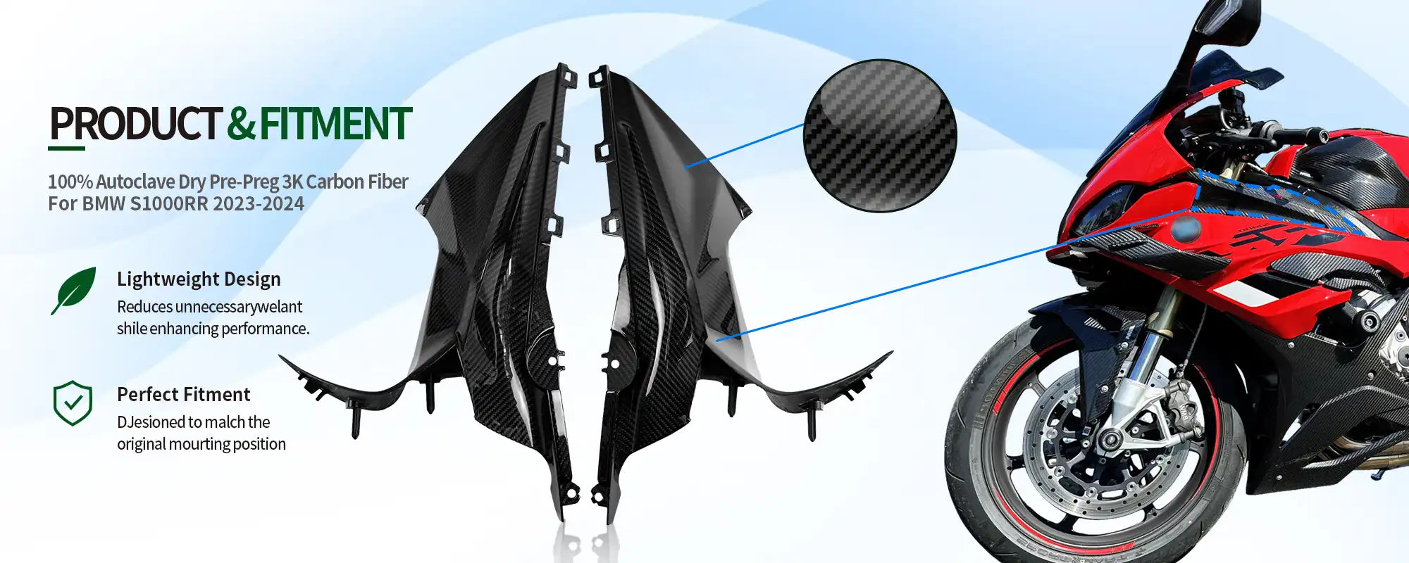 Carbon Fiber Upper Fairing Infill Panels (Pair) for BMW S1000RR 2023-2024, 2x2 Twill Weave (Glossy)