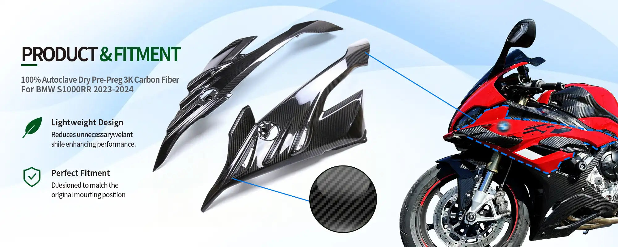 Carbon Fiber Fairing Side Panel (Pair) for BMW S1000RR 2023-2024, 2x2 Twill Weave (Glossy)