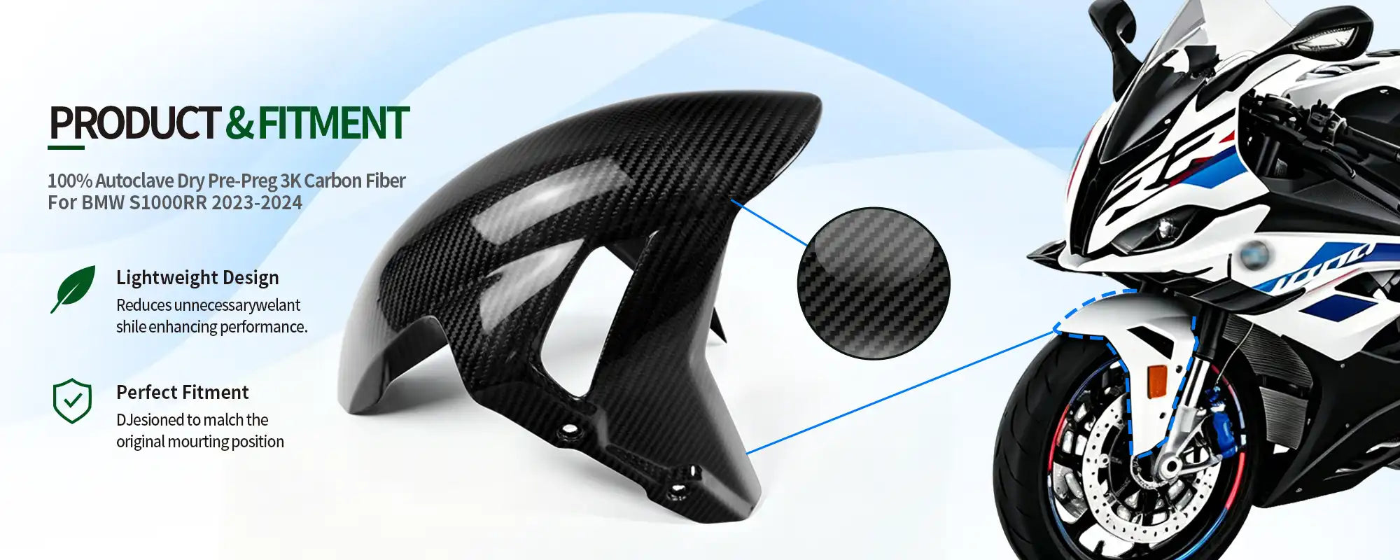 Carbon Fiber Front Fender for BMW S1000RR 2023-2024, 2x2 Twill Weave (Glossy)