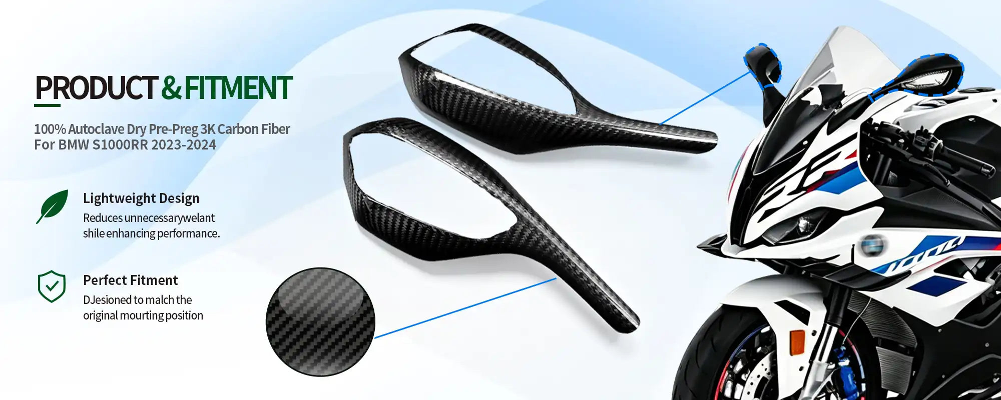 Carbon Fiber Mirror Caps (Pair) for BMW S1000RR 2023-2024, 2x2 Twill Weave (Glossy)