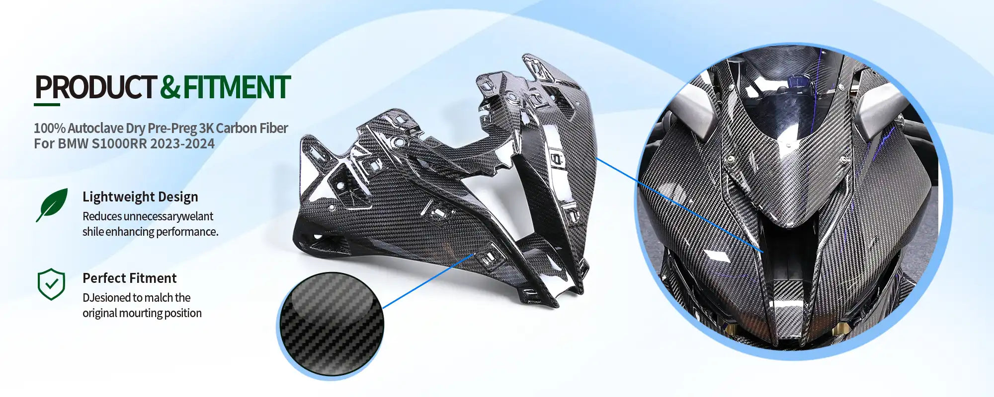 Carbon Fiber Front Air Intake Fairing for BMW S1000RR 2023-2024, 2x2 Twill Weave (Glossy)