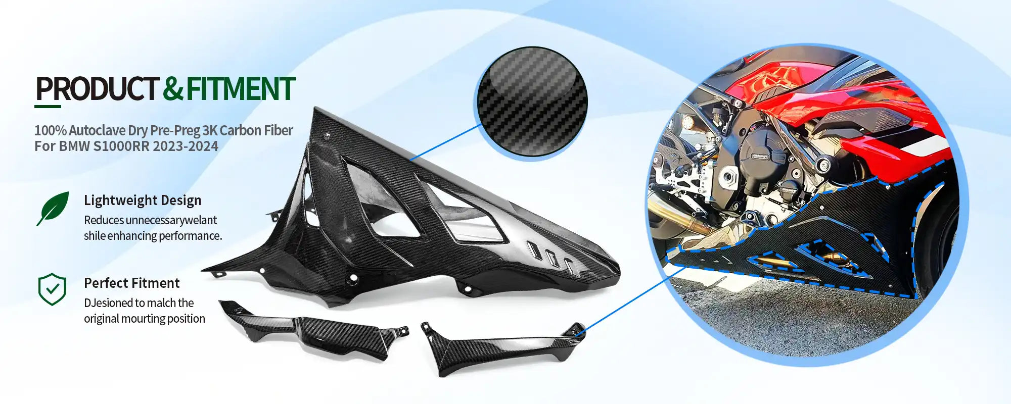 Carbon Fiber Long Belly Pan for BMW S1000RR 2023-2024, 2x2 Twill Weave (Glossy)