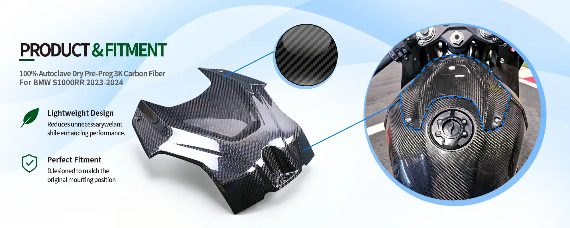 Carbon Fiber Upper Tank Cover for BMW S1000RR 2023-2024, 2x2 Twill Weave (Glossy)