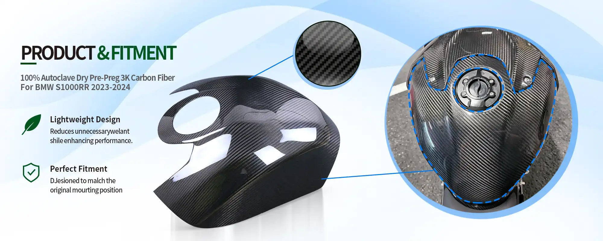 Carbon Fiber Tank Cover Fairing for BMW S1000RR 2023-2024, 2x2 Twill Weave (Glossy)