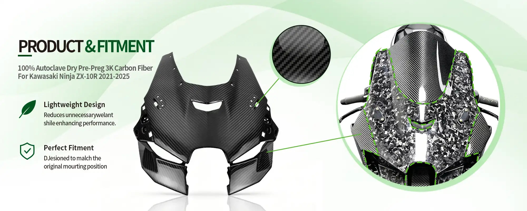 Carbon Fiber Front Nose Headlight Fairing for Kawasaki Ninja ZX-10R 2021-2025 - 2x2 Twill Glossy