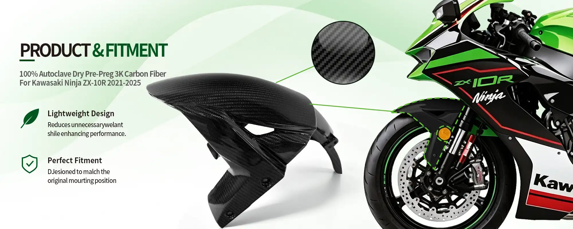 Carbon Fiber Front Fender for Kawasaki Ninja ZX-10R 2021-2025 - 2x2 Twill Glossy
