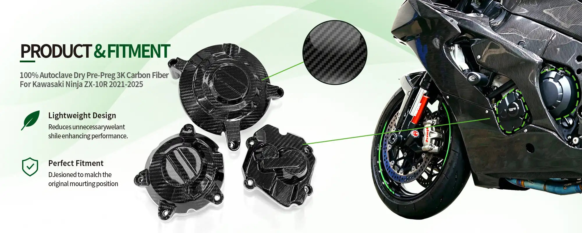 Carbon Fiber Engine Case Covers 3-Piece Set for Kawasaki Ninja ZX-10R 2021-2025 - 2x2 Twill Glossy