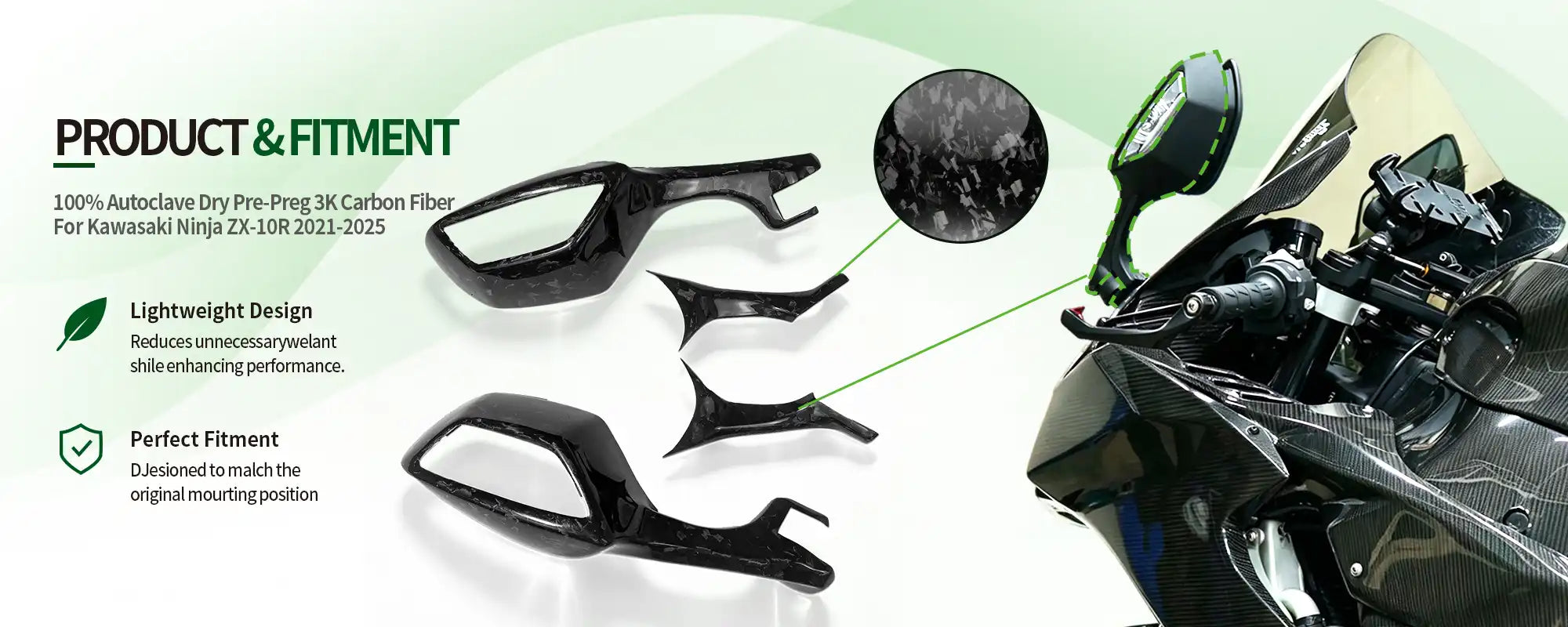 Carbon Fiber Rear View Mirror Covers (Pair) for Kawasaki Ninja ZX-10R 2021-2025 - 2x2 Twill Glossy