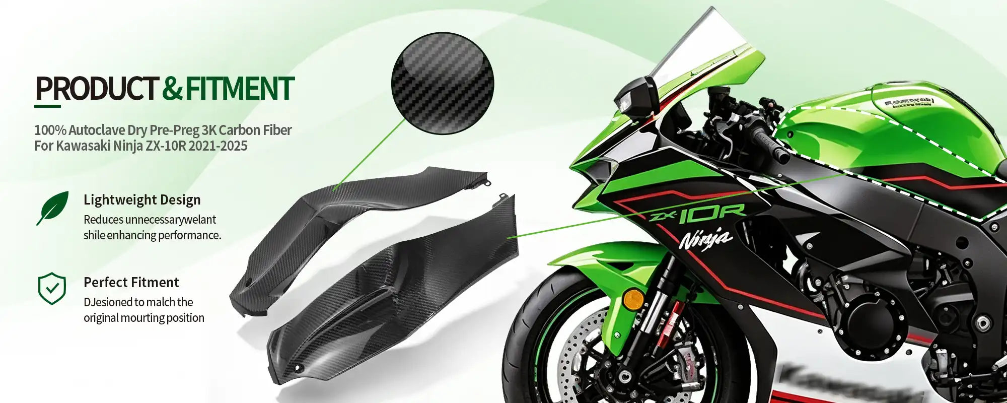 Carbon Fiber Front Side Tank Panels (Pair) for Kawasaki Ninja ZX-10R 2021-2025 - 2x2 Twill Glossy