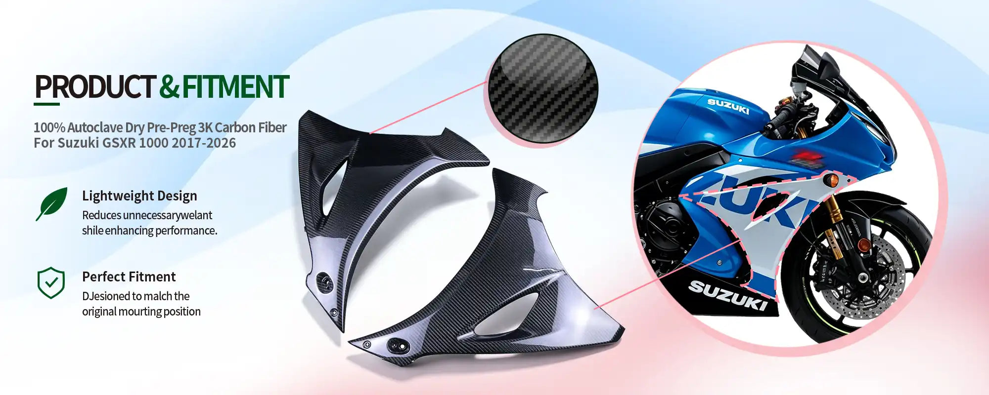 Carbon Fiber Large Side Fairings (Pair) for Suzuki GSXR 1000 2017-2026, 2x2 Twill Glossy
