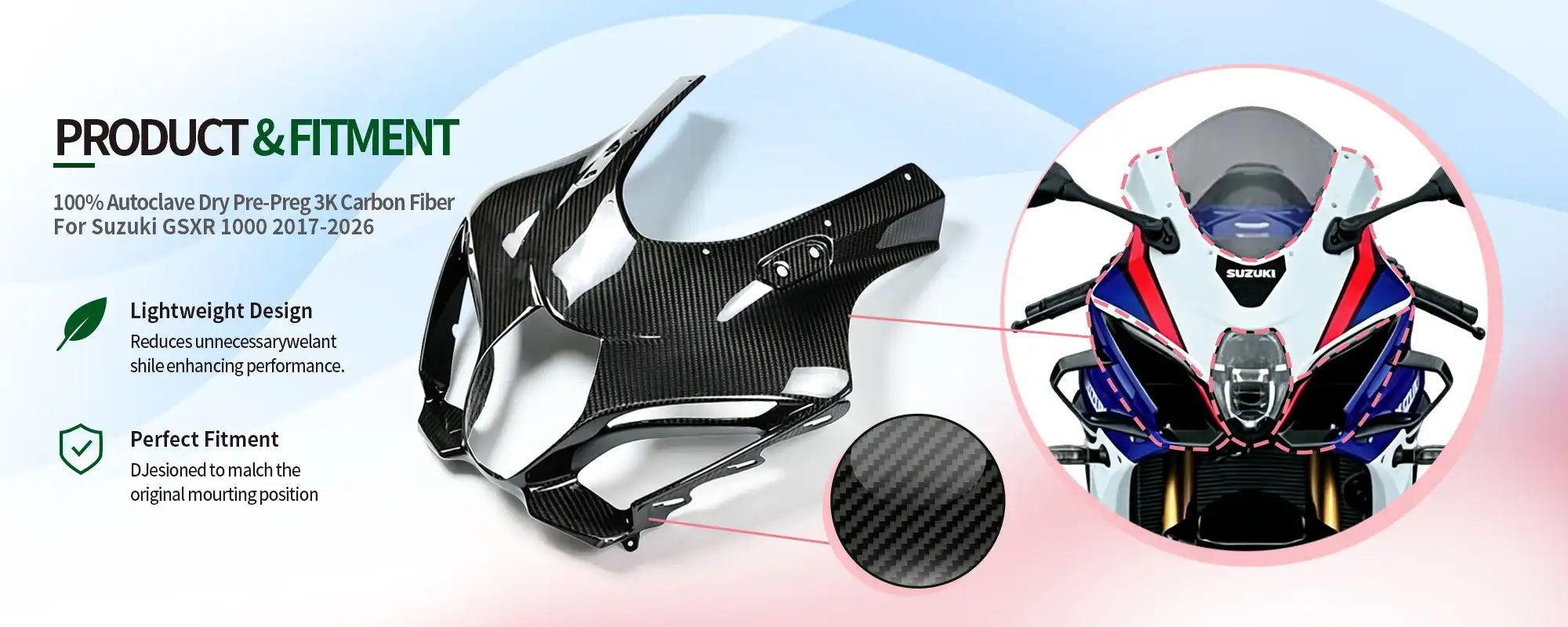 Carbon Fiber Front Upper Nose Fairing for Suzuki GSXR 1000 2017-2026, 2x2 Twill Glossy