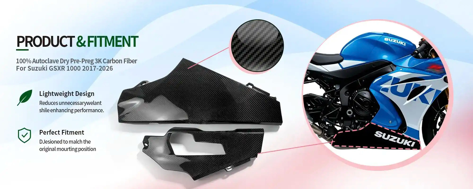 Carbon Fiber Lower Side Fairings (Pair) for Suzuki GSXR 1000 2017-2026, 2x2 Twill Glossy