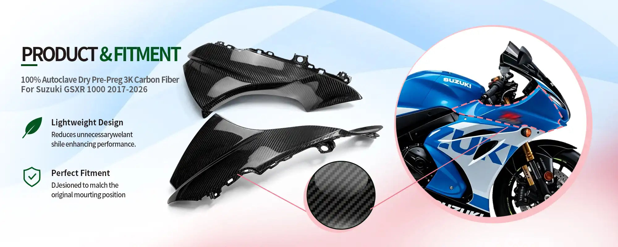 Carbon Fiber Side Nose Fairings (Pair) for Suzuki GSXR 1000 2017-2026, 2x2 Twill Glossy