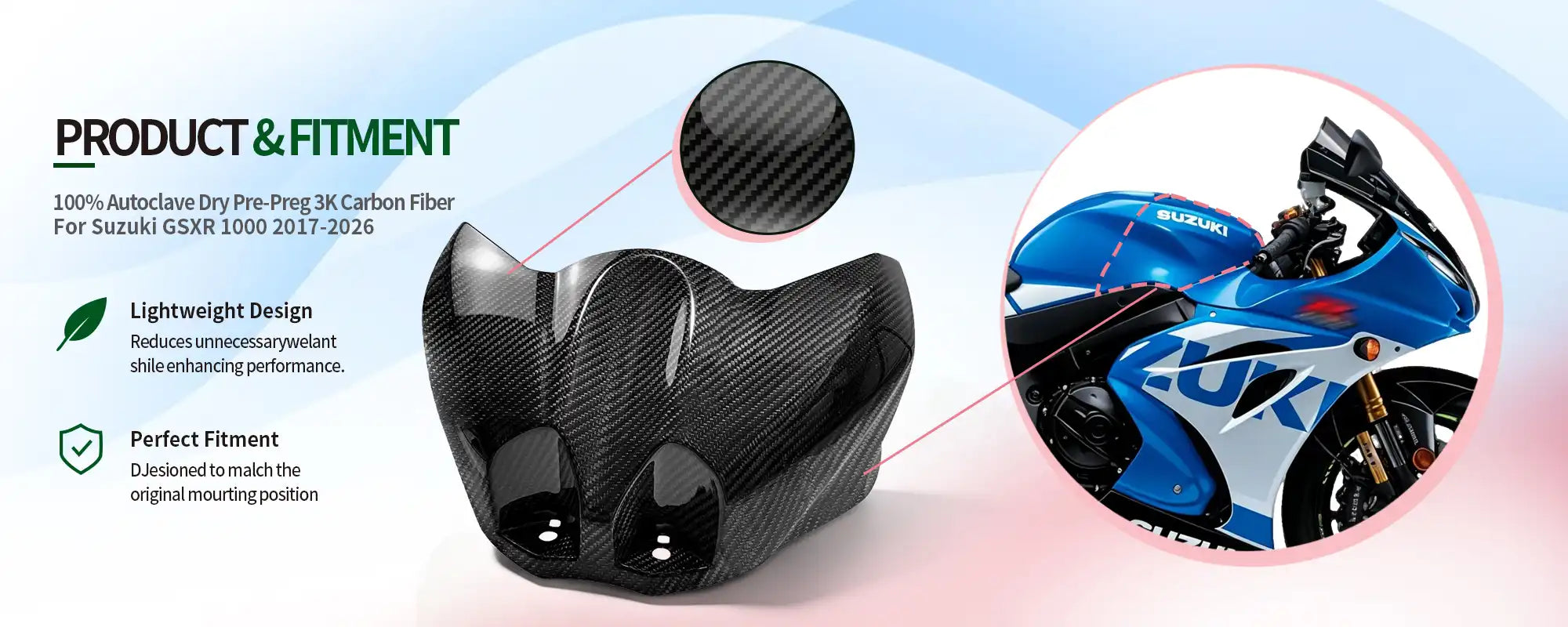 Carbon Fiber Front Tank Cover for Suzuki GSXR 1000 2017-2026, 2x2 Twill Glossy