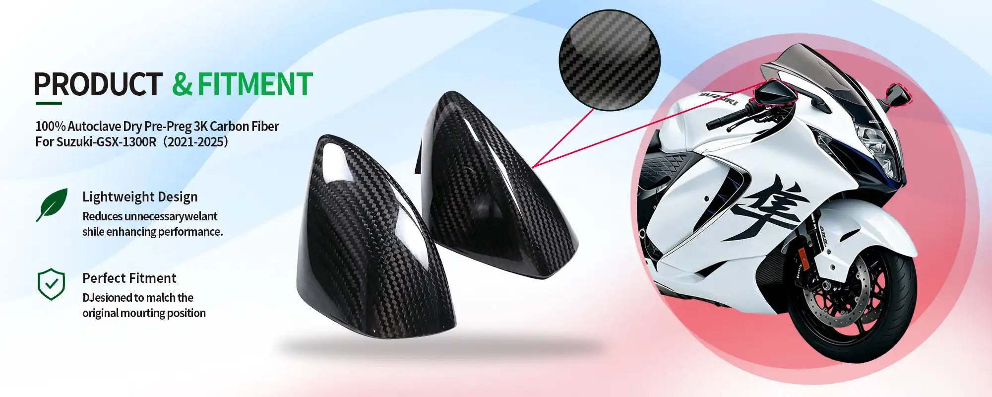 Carbon Fiber Mirror Caps (Pair) for Suzuki GSX1300R Hayabusa 2021-2025, 2x2 Twill Weave (Glossy)