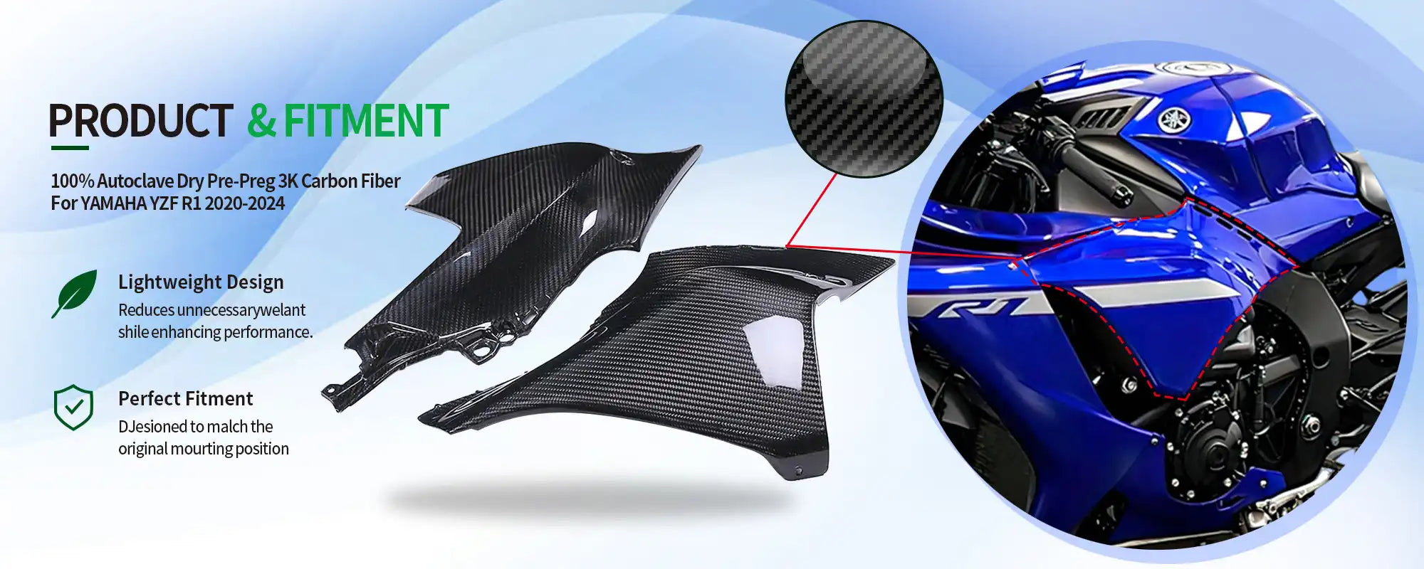 Carbon Fiber Upper Inner Side Panels (Pair) for Yamaha YZF-R1 2020-2025 - 2x2 Twill Glossy (Air Intake Side Covers)
