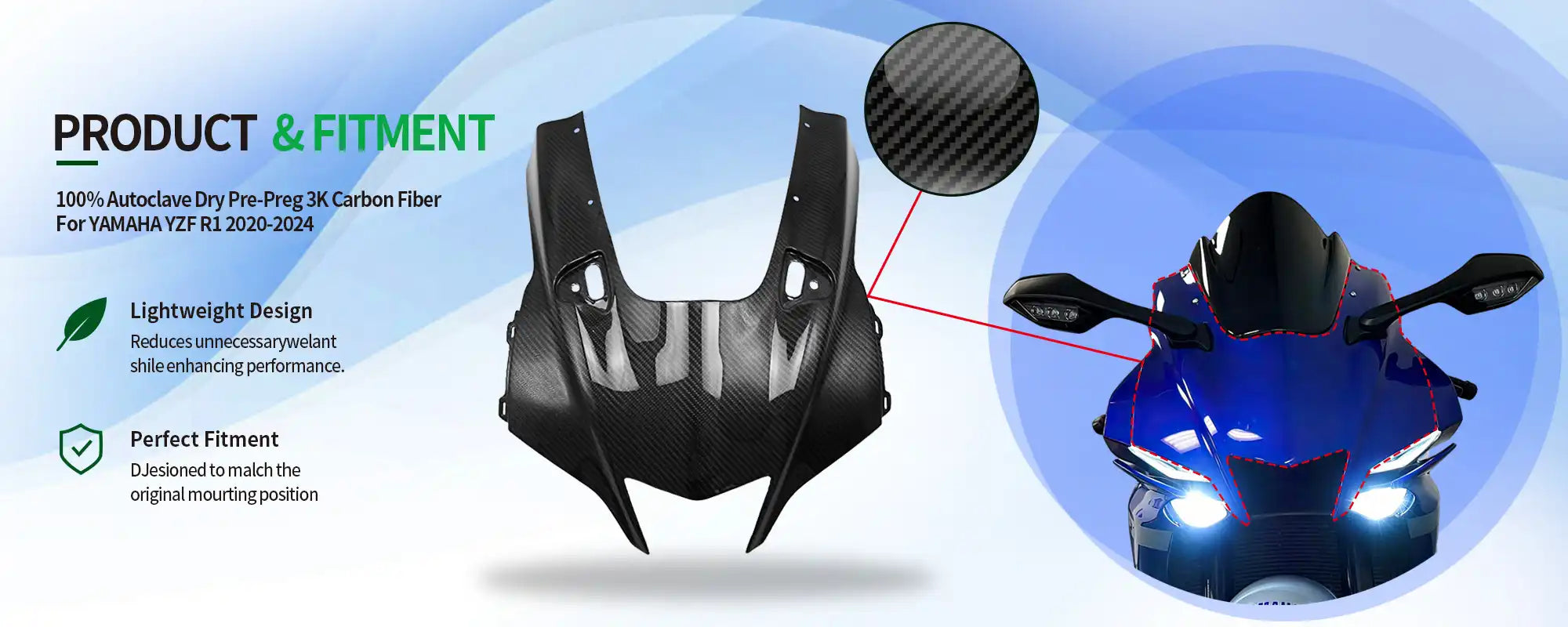 Carbon Fiber Front Upper Fairing Cowl for Yamaha YZF-R1 2020-2025 - 2x2 Twill Glossy
