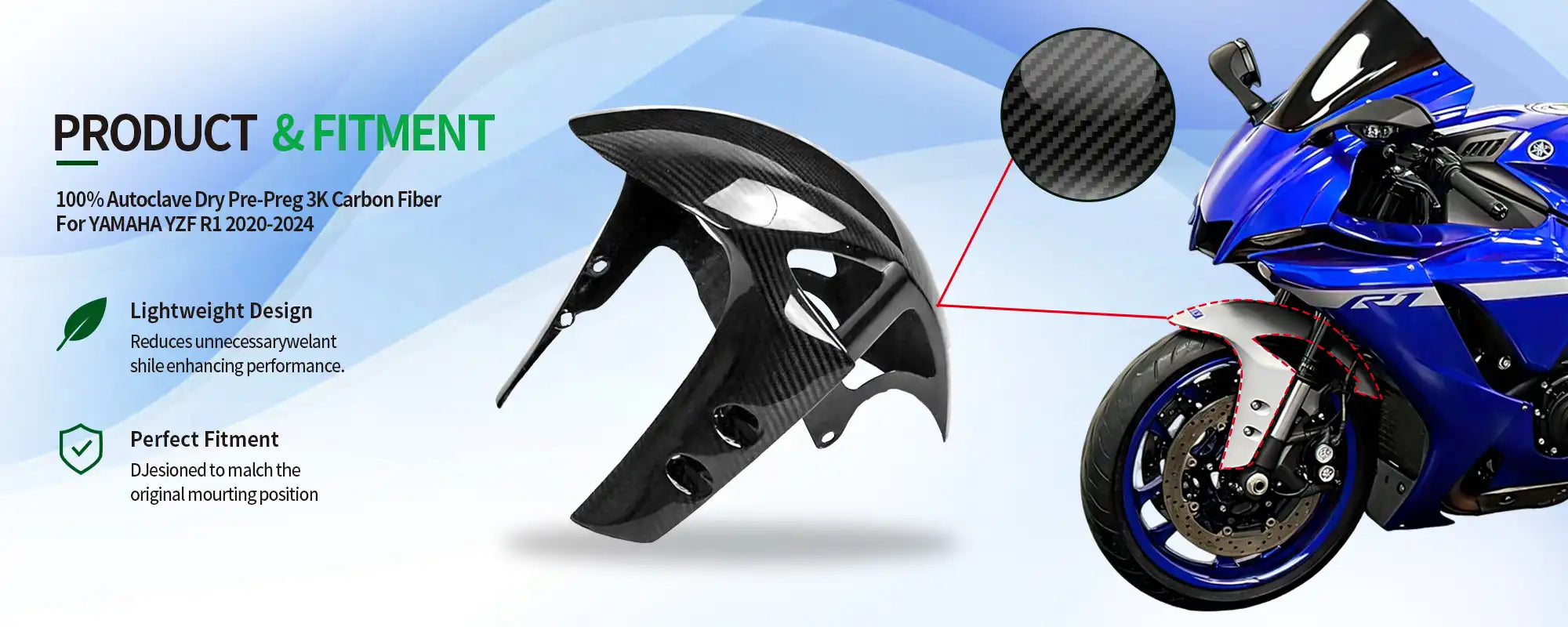 Carbon Fiber Front Fender for Yamaha YZF-R1 2020-2025 - 2x2 Twill Glossy (Front Mudguard)
