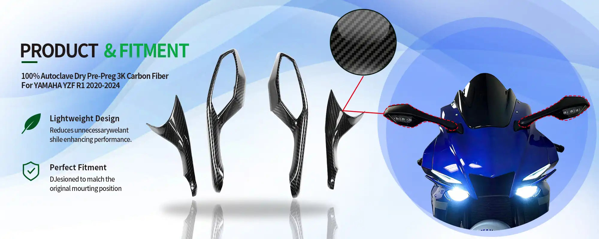 Carbon Fiber Rearview Mirror Covers (Pair) for Yamaha YZF-R1 2020-2025 - 2x2 Twill Glossy