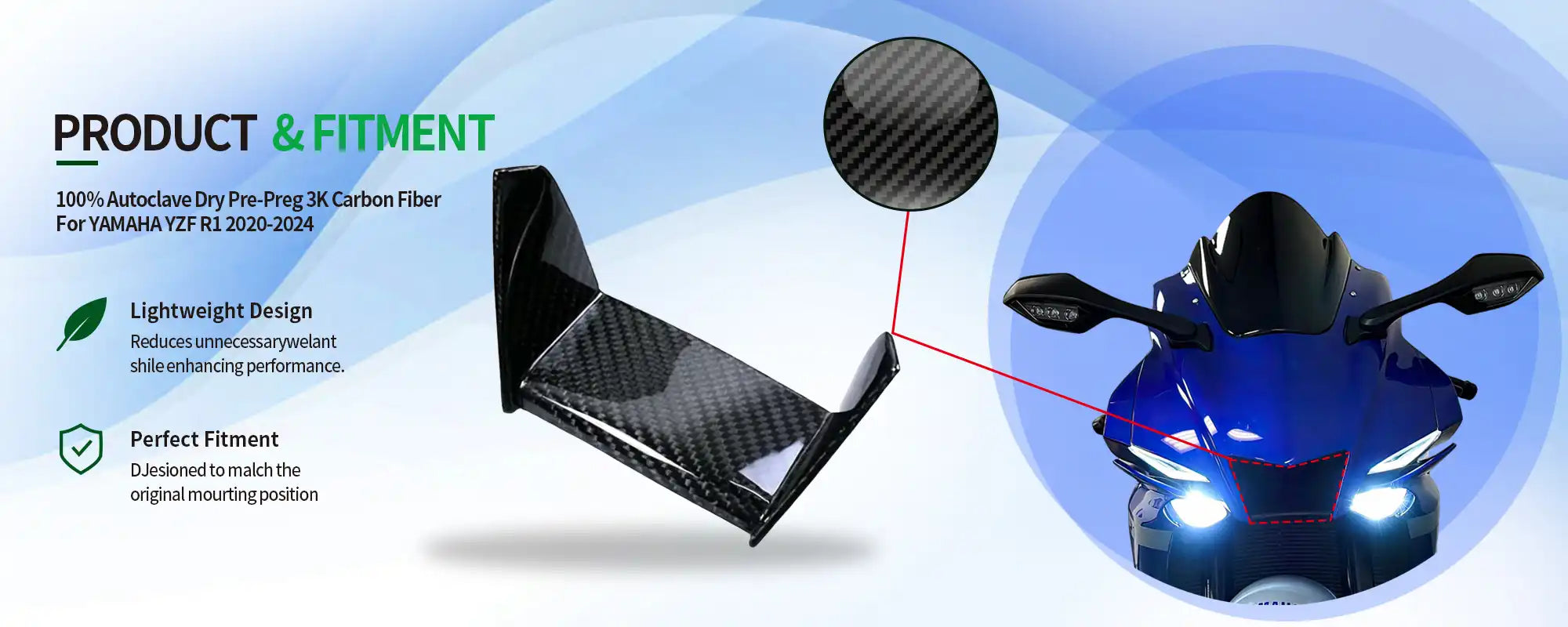 Carbon Fiber Front Air Intake Winglet Cover for Yamaha YZF-R1 2020-2025 - 2x2 Twill Glossy (Front Nose Airbox Inlet Shroud)