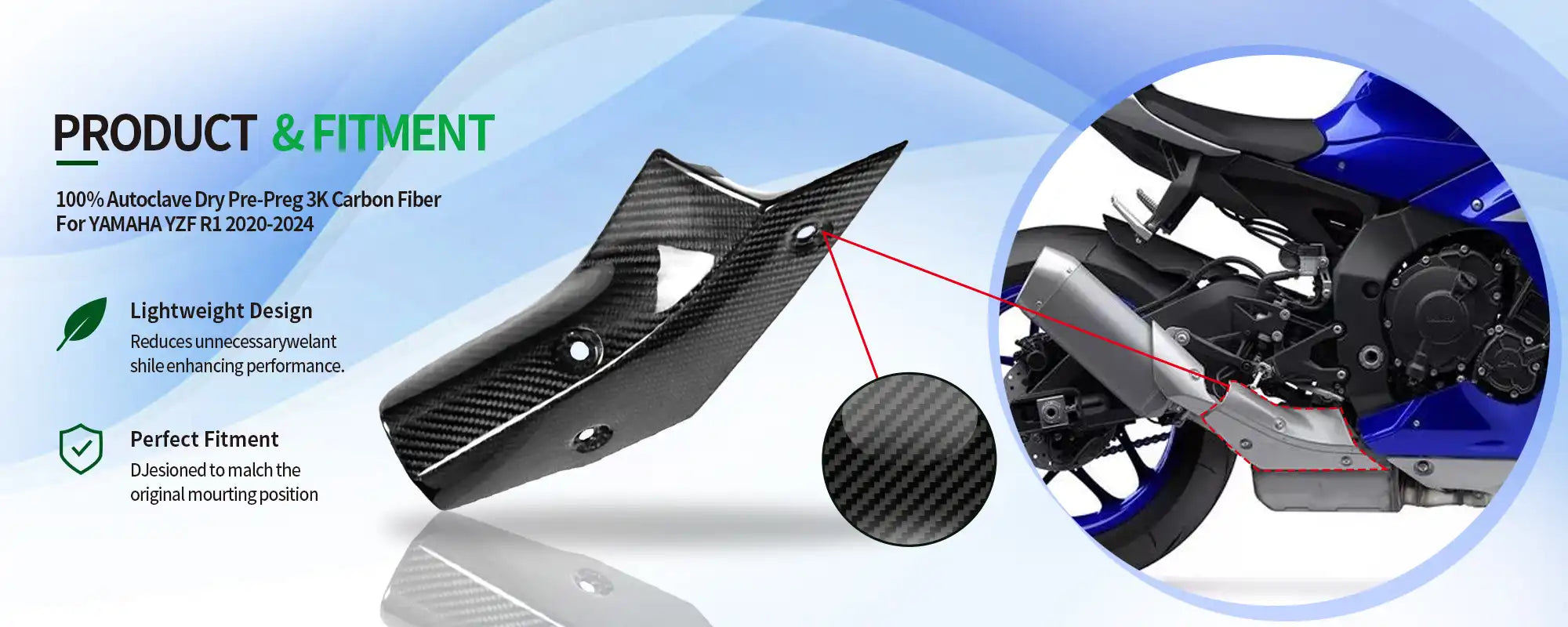 Carbon Fiber Exhaust Heat Shield for Yamaha YZF-R1 2020-2025 - 2x2 Twill Glossy