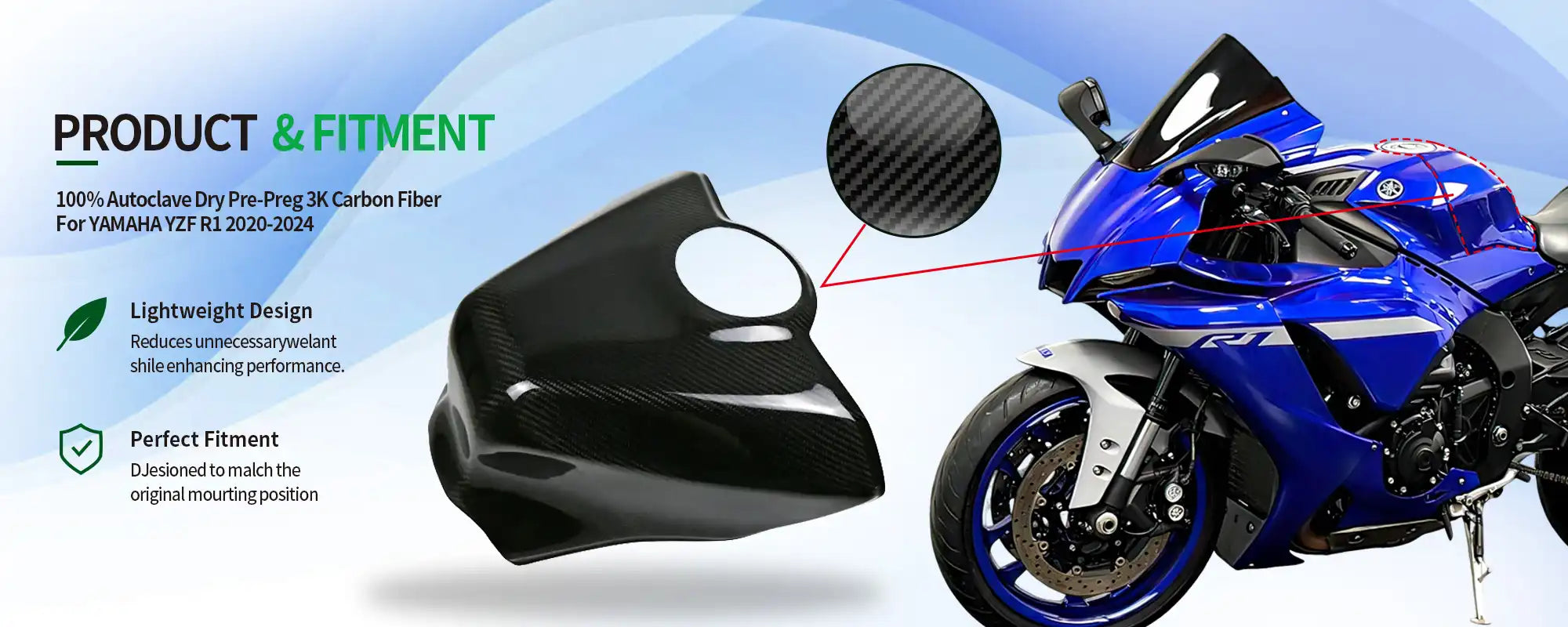 Carbon Fiber Tank Cover for Yamaha YZF-R1 2020-2025 - 2x2 Twill Glossy